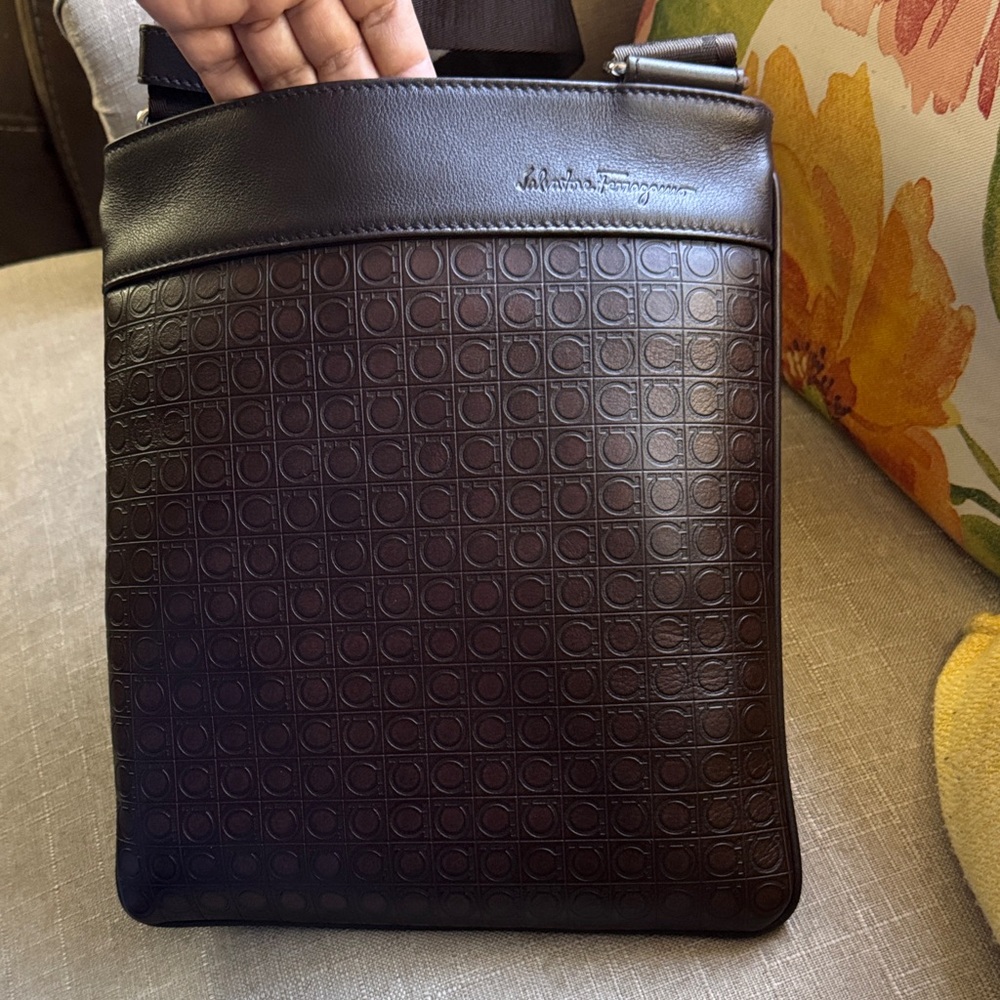 Salvatore Ferragamo Gamma Dark Brown Embossed Messenger Bag